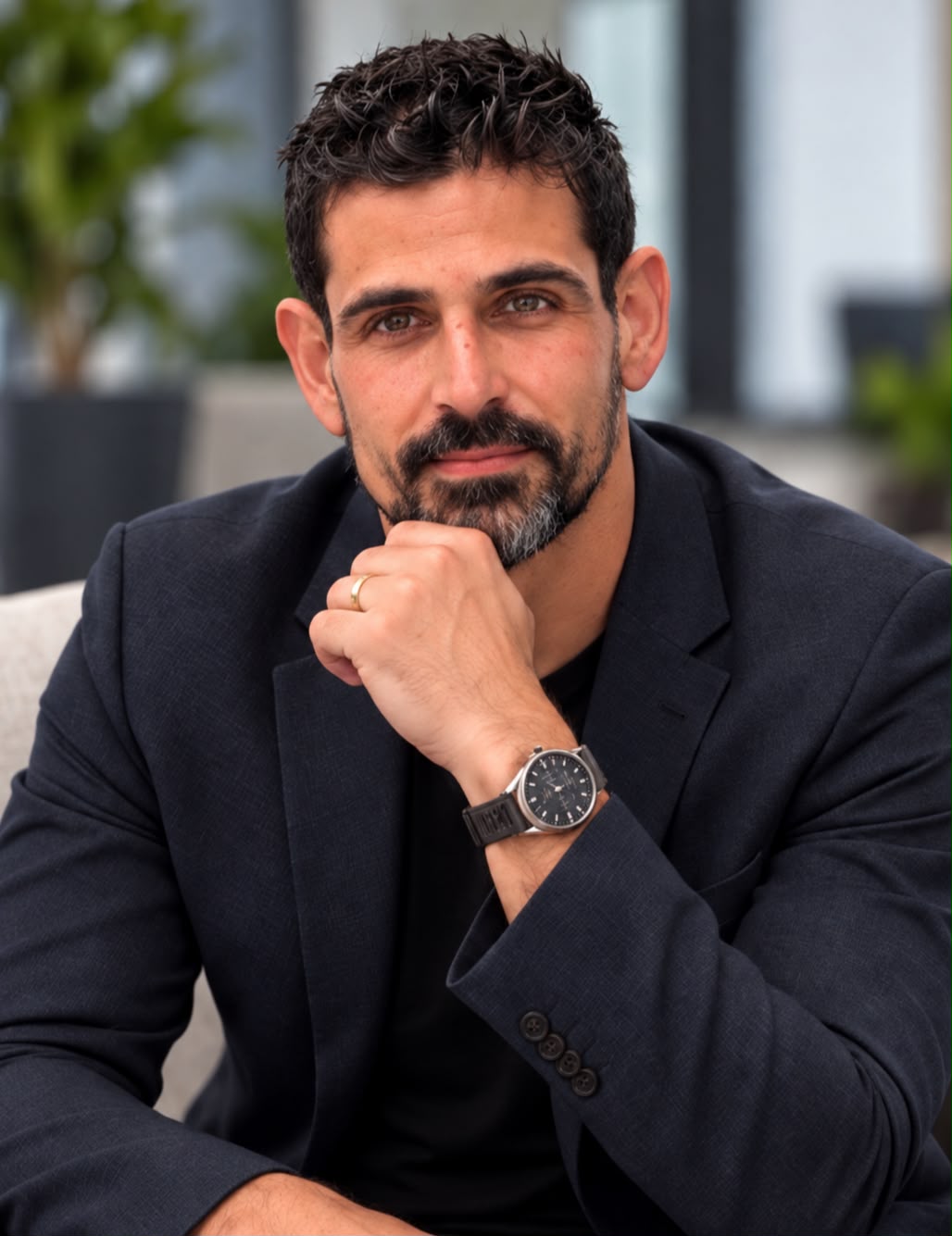 Retrato de Julio Cesar Ribeiro Silva, com camisa preta e blazer azul-marinho.